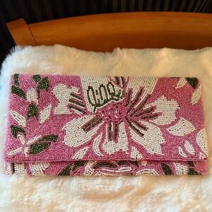 Lilly Pulitzer Pink and White Beaded Floral Wristlet